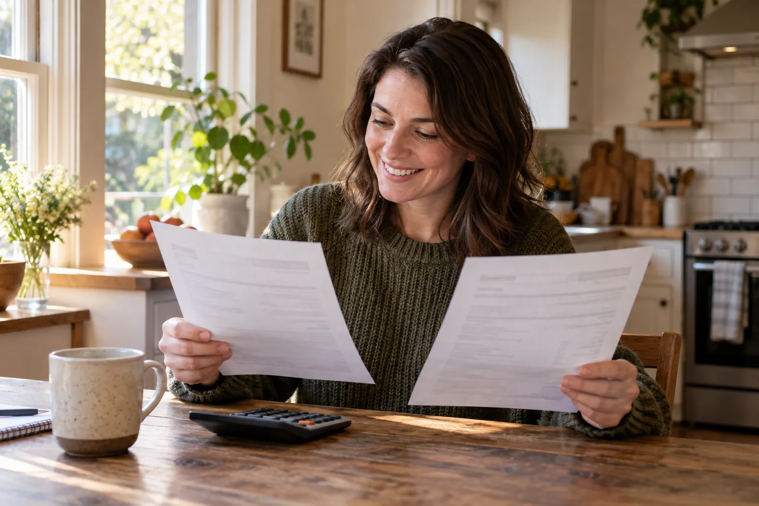 A homeowner reading a written mold quote at the kitchen table