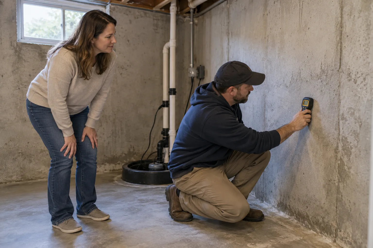 A homeowner talking with a mold provider in a basement near Minneapolis