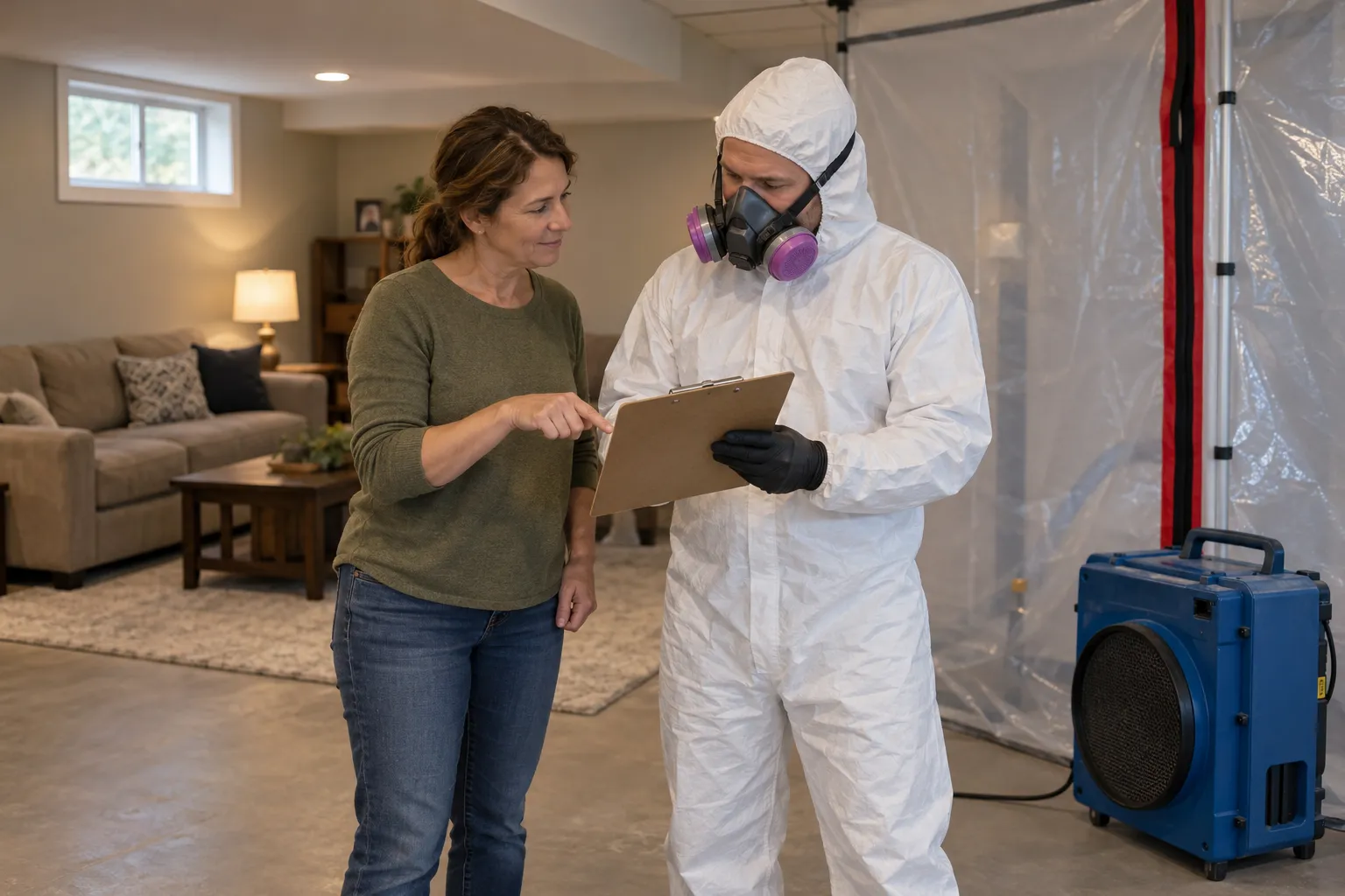 Homeowner and a local mold remediation provider reviewing a basement wall together in Minneapolis